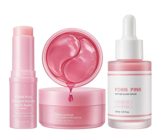 PDRN Pink Collagen Multi Balm Stick & PDRN Caffeine Hydrogel Eye Patches & PDRN Pink Peptide Serum with Salmon, Daily Skincare Bundle for Hydrating Nourishing