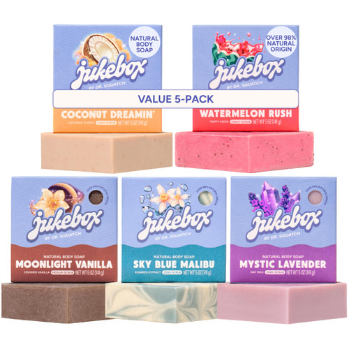 JUKEBOX Natural Women’s Bar Soap – Creamy Lather – Shower & Bath Soap, Sky Blue Malibu + Watermelon Rush + Coconut Dreamin' + Moonlight Vanilla + Mystic Lavender, 5oz (5-Pack)