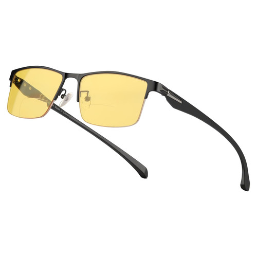 SKYOAK Premium Night Vision Bifocal Reading Glasses Men, Lightweight TR90 Temple Metal Half Frame Anti Glare Nighttime Driving Glasses HD Yellow lens Outdoor Readers, +2.5x