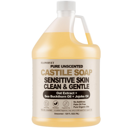FLOWHYET Pure Castile Soap Liquid Unscented, Dry Sensitive Skin, 1 Gallon