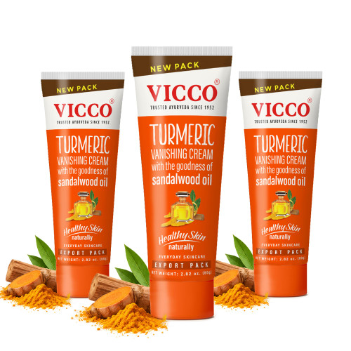 Vicco Turmeric Vanishing Cream with Sandalwood Oil - 70 Year Legacy of Ayurveda, with Turmeric for Daily Skincare, Lightweight Formula, 100% Natural - 2.82 oz (3 Pack)