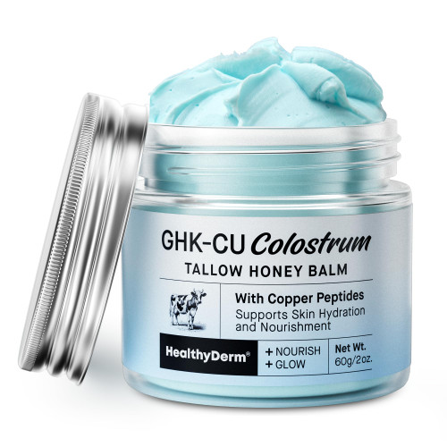 HealthyDerm GHK-Cu Peptide Beef Tallow Balm with Colostrum - Copper Peptides, 100% Grass-Fed Tallow, Raw Manuka Honey, Jojoba Oil & Vitamin E for Mature, Dry & Sensitive Skin 2 Ounce