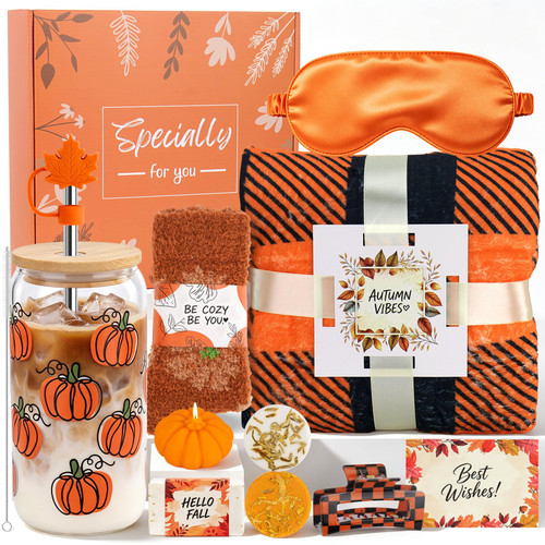 Fall Basket, Orange Pumpkin Spa Gifts for Women, Birthday Care Package