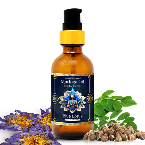 Pure Organic Moringa Oil with Blue Lotus Flower – Deep Hydrating & Anti-Aging Ritual Oil for Skin, Hair & Nails – Premium 100% Cold Pressed Moringa Seed Extraction, Nourishes & Hydrates Skin 2oz.