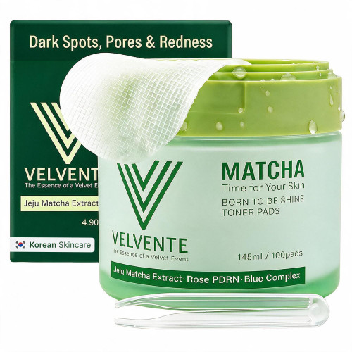 VELVENTE Matcha PDRN Korean Toner Pads, Dark Spots, Pores & Redness, Vegan