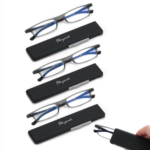 3 Pack Ultra thin Lightweight Folding Reading Glasses Women Men TR90 Blue Light Blocking Anti UV/Eyestrain Foldable Compact Computer Readers Portable Unique Stretchable Slim Flat case Gunmetal, +1.0