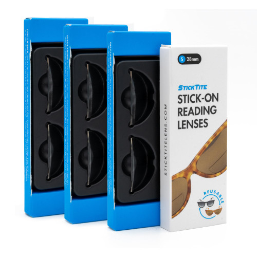 StickTite Lenses Small 28mm (3-Pack) stick-on bifocal lens, convert sunglasses into magnified bifocal reading glasses. (3 Pairs) (Clear, 3.0 Diopters)