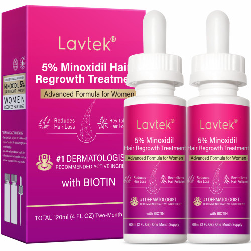 5% Minoxidil Hair Growth Women, Minoxidil for Women Hair Growth Serum with Biotin & Castor Oil, Helps Reduce Hair Loss & Thinning, Strengthens Roots, 60ml x 2 Bottles