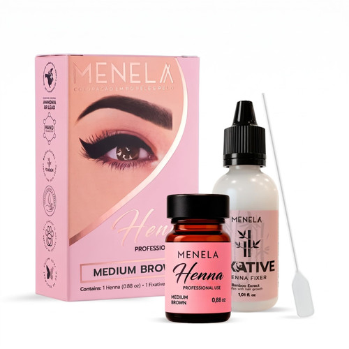 MENELA Hair Henna Color Kit Medium Brown – Vegan & Ammonia-Free Formula – 2.5g Henna & 15ml Fixer with Bamboo Extract – Up to 60 Uses