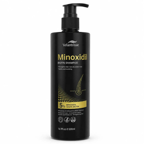 Velantrisse 5% Minoxidil & Biotin Hair Growth Shampoo with Ginseng & Ginger, DHT Blocker for Thinning Hair, Fuller-Looking Care for Men & Women, 16.9 Fl Oz / 500 ML