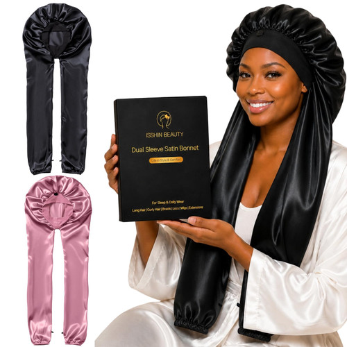 Isshin Beauty Satin Hair Bonnet for Sleeping Women: Dual Sleeve 2 in 1 Long Hair Protector Anti Frizz Sleep Cap for All Hair Styles - Curly Hair, Braids, Locs, Wigs, Extensions (Black & Rosegold)