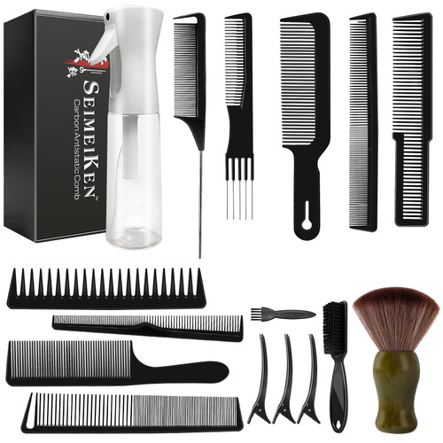 SEIMEIKEN 16 PCS Professional Barber Comb Set, Carbon Fiber Combs & Brush