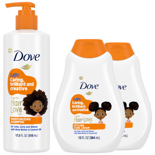 Dove Kids Moisturizing Shampoo + Styling Curl Cream Twin Pack – “Hair Love” Curly Hair Products for Kids, Coconut Cookie Scent (3 Piece Set)