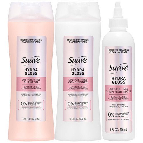 Suave Hydra Gloss Sulfate-Free Shampoo & Conditioner Set + 5-Minute Hair Gloss Glaze – Lightweight, Hydrating Hair Products with Glycolic Acid & Camellia Oil