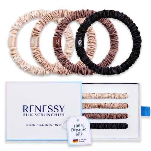 RENESSY Skinny Silk Scrunchies - 100% Organic Mulberry Silk, Grade 6A - Gentle Hair Ties for Ponytails, Braids & Styling