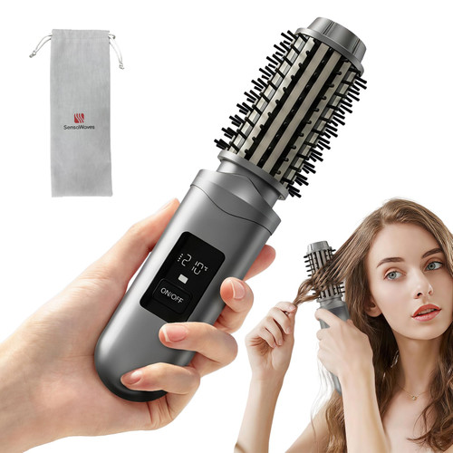 Cordless Hair Straightener Brush, Mini Hair Curling Iron Brush with 3 Temprature Controls, Anti-Scald Rechargeable Hair Curler with LCD Display, Anti-Frizz, Fast Heating for Styling & Travel