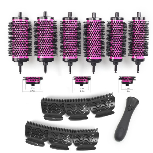 Round Brush Set for Blow Drying - Round Hair Brush Set with Detachable Barrels Styling Tool, Roller with 6 Barrels 1 Handle 6 Clips, 3 Different Hair Rollers to Create Your Hairstyle - Purple Black