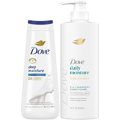 Dove 2-in-1 Shampoo & Conditioner, Daily Moisture Body Wash – Deep Hydration for Revitalizing Dry Hair and Skin (2 Piece Set)