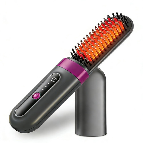 Cordless Hair Straightener Brush for Women, Fast Heating Anti-Frizz Hair Styling Tool, 3 Heat Settings, 300M Negative Ions, Portable Rechargeable Straightening Brush for Travel & Daily Use