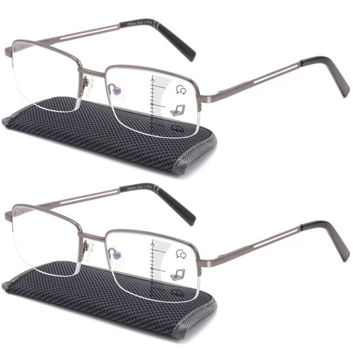 SKYOAK Premium 2 PACK Durable Progressive Multifocus Reading Glasses for Men Blue Light Blocking Computer Reader Anti Eyestrain Metal Frame Spring Hinges (for Mid-Near Range approx 3ft) 2.5 Gunmetal