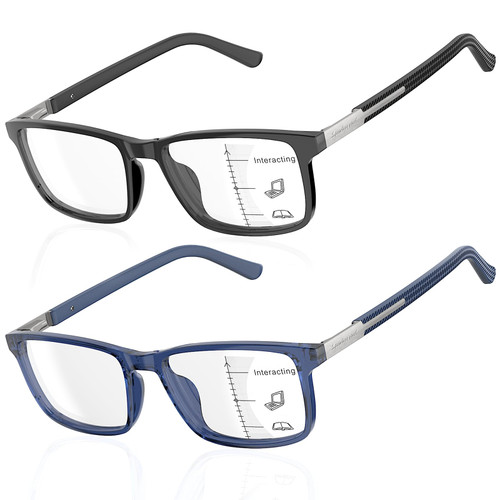 DEHOTRE 2 Pack Progressive Multifocus Reading Glasses Men TR90 Frame Readers Stainless Steel Arm Rubber Temple Spring Hinge Black & Blue 2.00