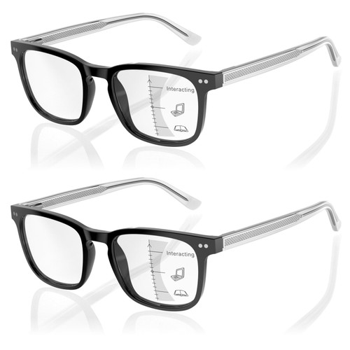 DEHOTRE 2 Pack Progressive Multifocal Reading Glasses Men No Line Bifocal Transition Readers for Mid-Near Range 3ft Metal Core Wire Acetate Frame Spring Hinge Black & Black 2.25