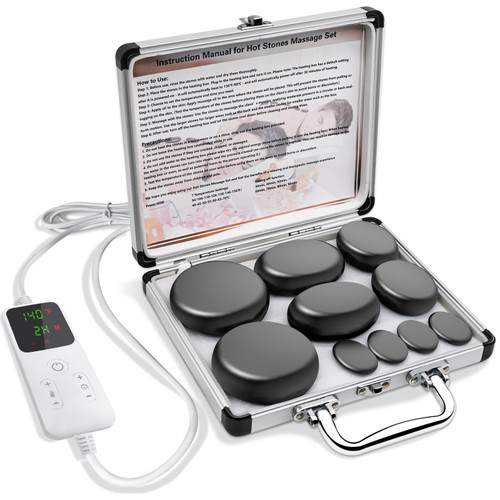 AICNLY 10 Pcs Basalt Hot Stones Massage Set with Temperature Adjustment-Hot Stones Massage with Warmer Kit, Professional Massage Tool for Spa-Lymphatic Drainage, Relieve Tension and Muscle Pain