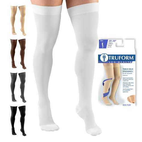 Truform 20-30 mmHg Compression Stockings for Men and Women, Thigh High Length, Dot Top, Closed Toe, White, Medium