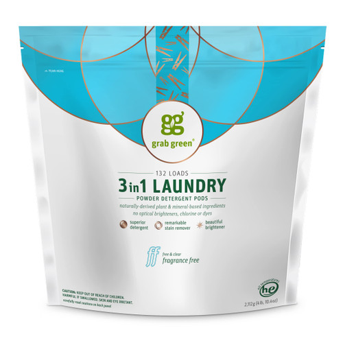 Grab Green 3-in-1 Laundry Detergent Pods, Fragrance Free, Plant and Mineral Based, Superior Cleaning Power, Stain Remover, Brightens Clothes, White, 132 Count