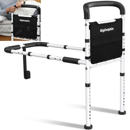 BigDolphin Bed Rails for Elderly Adults Safety - ASTM Approved Adjustable Bed Cane with Non-Slip Ergonomic Handle & Storage Pocket, 400 LBS Stable Bed Assist Rails for Seniors, Tool-Free