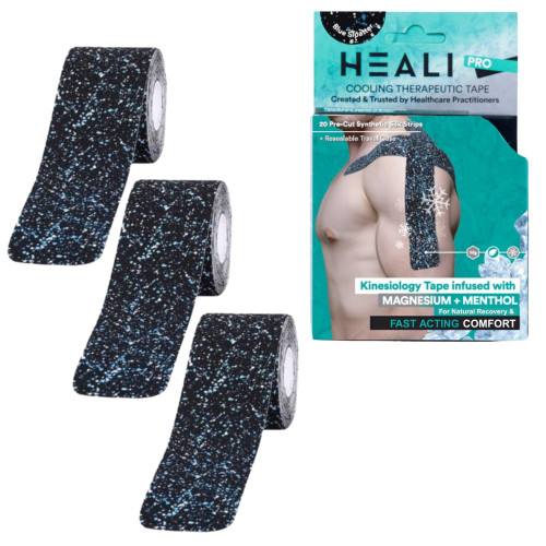 Heali Kinesiology Tape 3 Pack, Elastic Sports Tape, Shoulder, Knee, Elbow, Ankle, Waterproof, Latex Free, Magnesium & Menthol Infused, Mobility, Comfort, 20 pcs/Roll, K Tape, Splatter