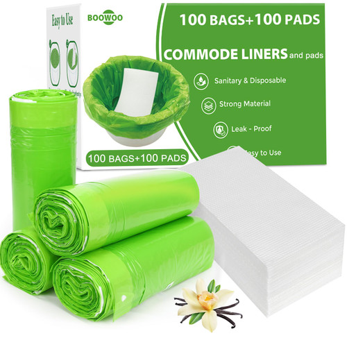 Bedside Commode Liners with Absorbent Pads, Disposable Commode Bags/Pads, Adult Potty Chair Liners, Portable Commode Poop Bag for Commode Chair, Bedpan, Bucket Toilet, 100Bags+100Pads