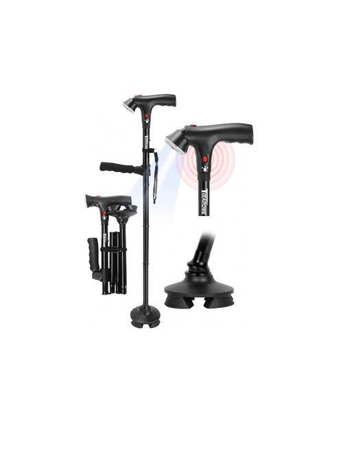 TIRAROME Walking Cane for Men & Women, 3-in-1 Folding Cane with Alarm and Light, 34"-38" Adjustable, Collapsible Walking Stick for Seniors Balance with a Second Handle