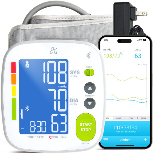 Greater Goods Bluetooth Smart Blood Pressure Monitor for Home Use – Automatic Digital Upper Arm BP Machine with 8.7”–16.5” Cuff, iOS & Android App Compatible, Large Backlit Display