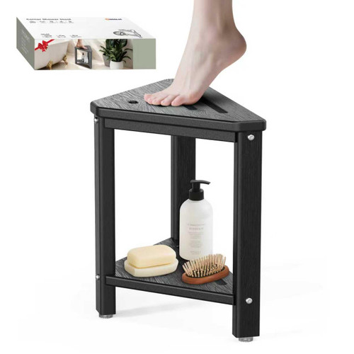 Shower Foot Rest 15in, HDPE Waterproof Shower Stool for Inside Shower, Corner Shower Stool for Shaving Legs with Storage Shelf for Small Space, Shower Step Stool, Plastic Corner Shower Bench, Black