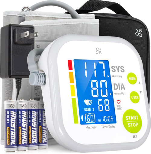 Greater Goods Upper Arm Blood Pressure Monitor for Home Use – Automatic One-Touch BP Machine, Wide-Range Cuff (8.7”–16.5”), Large Backlit Display, 2-User Memory, Complete Kit