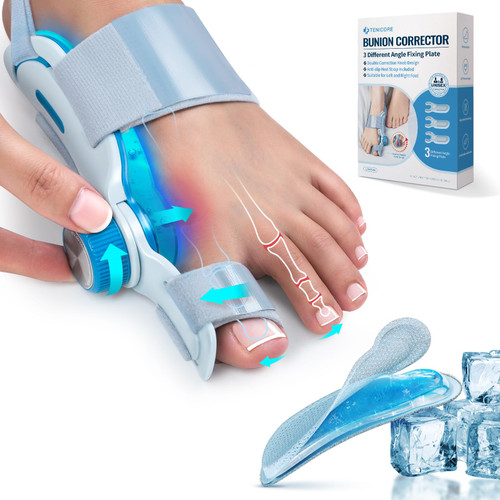 TENICORE Bunion Corrector for Women Men Big Toe with Cold Compress Pad, Adjustable Knob Double Correction Bunion Fix Relief, Bunion Splints Hammer Toe Straightener, Blue-1pc