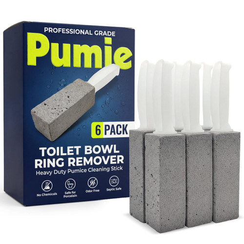 PUMIE Pumice Stone Toilet Bowl Cleaner (6-Pack) - Pumice Stone with Handle - Heavy Duty Toilet Bowl Scrubber for Rings, Bowls, Hard Water Stains, Lime, Rust, Sink - Includes Handle for Easy Use