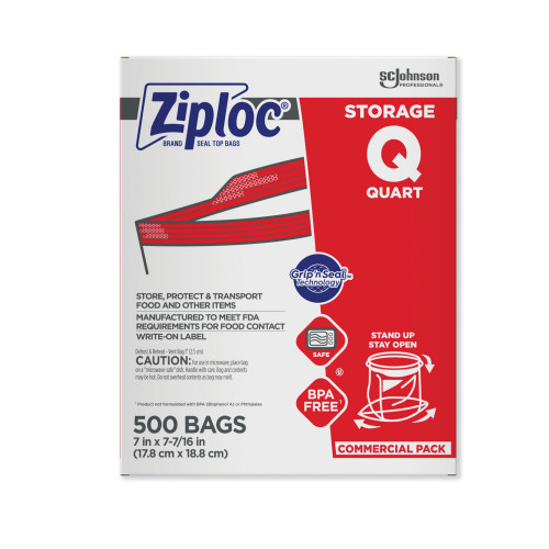 SC Johnson Professional, Ziploc Storage Bags, For Food Organization and Storage, Double Zipper Seal, Easy-Open Tabs Quart, 500 Count