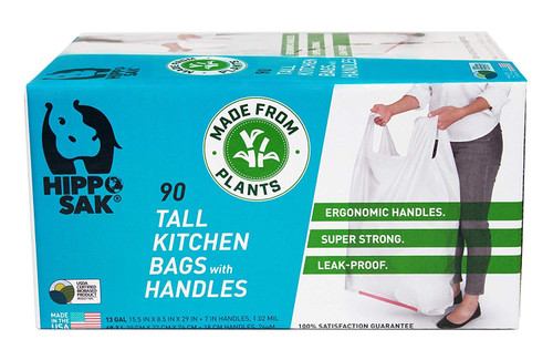 Hippo Sak - Plant Based Tall Kitchen Garbage Bags with Ergonomic Handles - 13 Gallon Trash Bags - Recyclable & Eco Friendly - Super Strong and Leak Proof Tall Kitchen Trash Bags (90 Count)