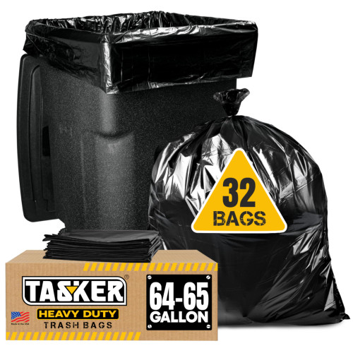 Tasker 65 Gallon Trash Bags for Toter, (Value-Pack 32 Count w/Ties) Heavy Duty Extra Large Garbage Bags for 64-65 Gallon Outdoor Trash Cans, Yard Waste and Lawn Debris