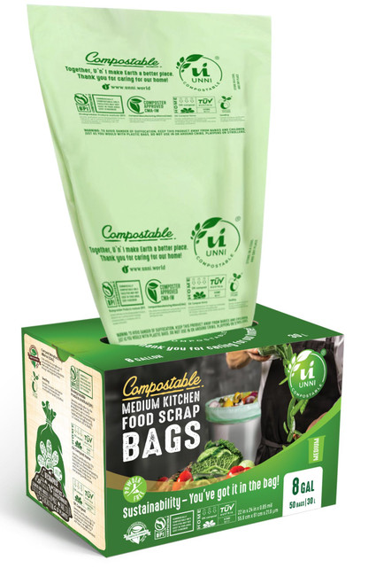 UNNI Compostable Trash Bags, 8 Gallon / 30 Liter, 100 Count, Extra Thick 0.85 mil Medium Kitchen Food Scrap Bin Liners, Certified by BPI, CMA & OK compost HOME, Meets the ASTM D6400 Standard