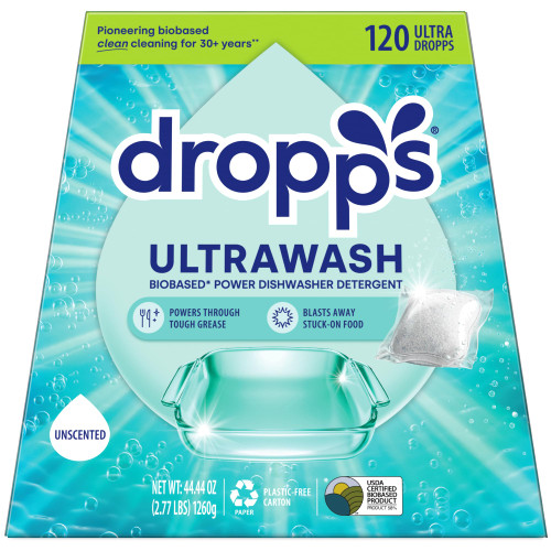 Dropps UltraWash Dishwasher Detergent Pods, Unscented (120 Ct) - Free & Clear | Cuts Grease & Stuck-On Food | Sparkling Dishes & Glasses | Residue-Free | Clean Ingredients | Plastic Free Packaging