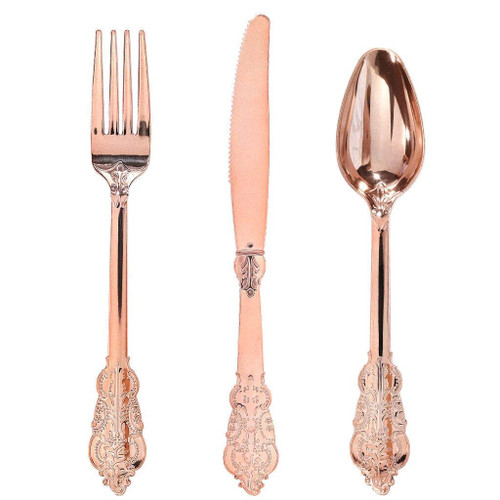 WDF-300 Pieces Rose Gold Plastic Silverware- Disposable Flatware -Heavyweight Plastic Cutlery- Includes 100 Forks, 100 Spoons, 100 Knives for Wedding/Parties/Birthday