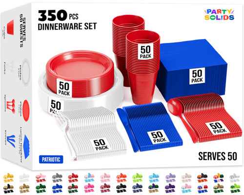 350 Pcs Patriotic Plastic Plates For Party, Patriotic Disposable Plates Set, 50 Of Each 9" Dinner Plate Set, 7" Dessert Plate, Cups, Napkins & Cutlery Plastic Dinnerware Set Exquisite