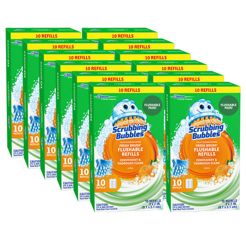 Scrubbing Bubbles Flushable Toilet Bowl Wand Cleaner Refills, Fresh Brush Cleaner Toilet Refill Pads, Removes Limescale & Odors, Citrus Scent, 10 Count (Pack of 12)
