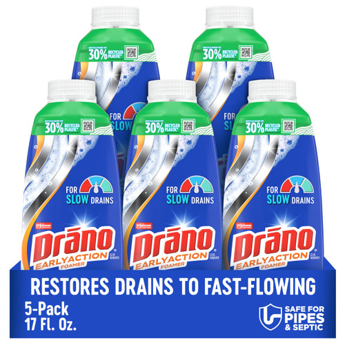 Drano EarlyAction Foamer, Drain Clog Remover & Cleaner, Unclogs Hair, Grease, Soap & Slow Drains, Removes Sources of Odor, Safe for Septic, Pipes, Garbage Disposals, Showers & Sinks, 17 Fl Oz 5-Pack