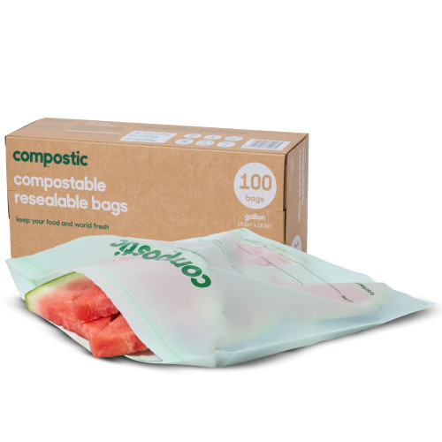 Compostic Compostable Gallon Bags (100 Count) Bulk Pack — Resealable Zip-Seal, Plant-Based, Home Compostable, Freezer Safe, BPA-Free, Non-Toxic, GMO-Free Food Storage Bags