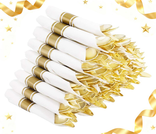 Supernal 60 Pack Pre Rolled Napkins with Gold Plastic Silverware - 60 Sets Elegant Disposable Wrapped Cutlery: Heavy Duty Gold Forks, Knives, Spoons for Weddings, Parties, & Catering Events