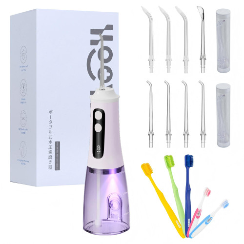 Hooyapik 300ml Large Capacity Home Oral Irrigator 9 Modes Water Flosser with 4 Replaceable nozzles for Gum Care/Breath Remover/Dentures/Braces (D0051-Light Purple(8Tips))